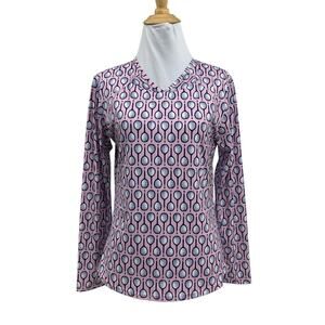 SanSoleil Shirt Womens S Small Multi Sunglow V Neck Long Sleeve Tennis Racquet